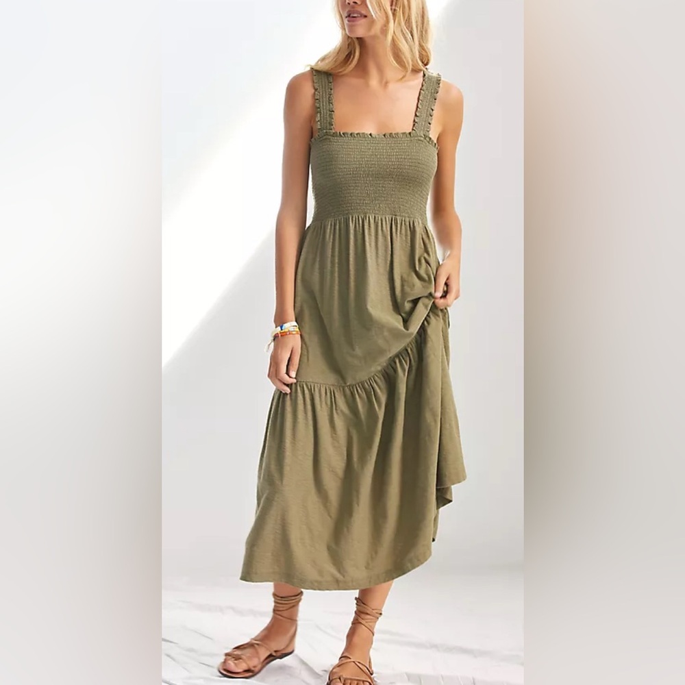 NATION LTD ANTHROPOLOGIE Shoshana Dress Smocked Midi Green Small